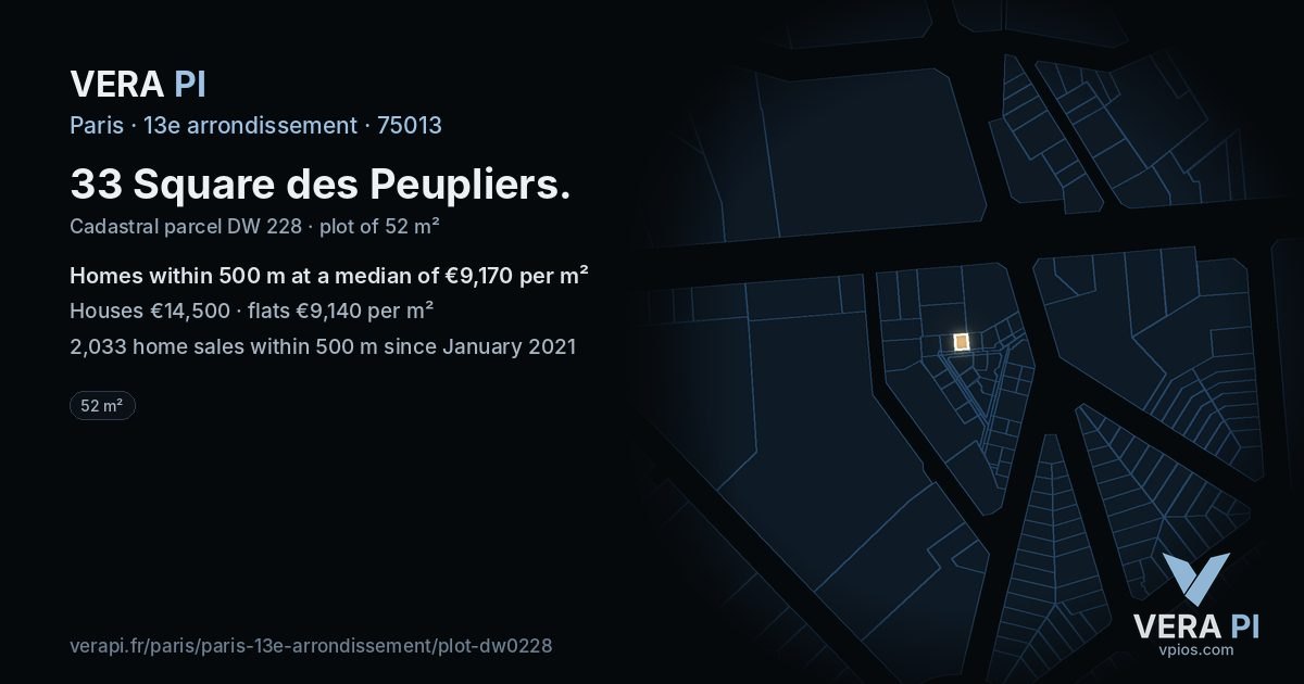 33 Square des Peupliers, 13e arrondissement at night – the plot lit, the parcels around coloured by the prices near them