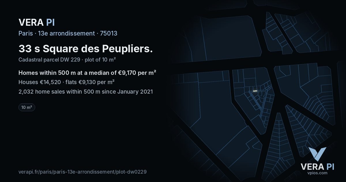 33 s Square des Peupliers, 13e arrondissement at night – the plot lit, the parcels around coloured by the prices near them