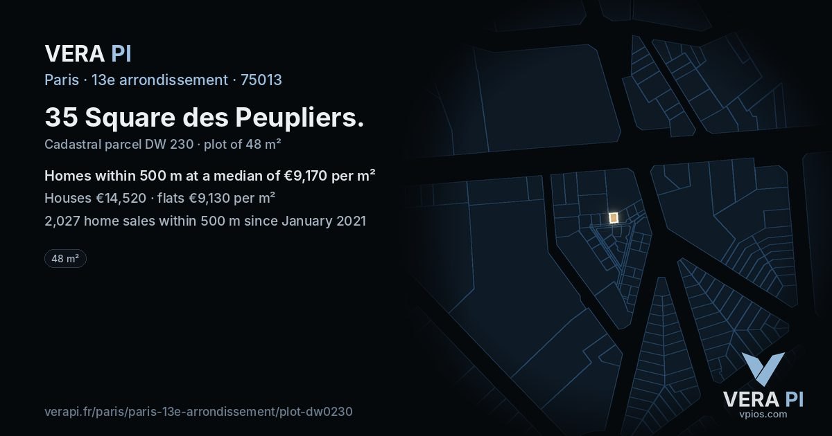 35 Square des Peupliers, 13e arrondissement at night – the plot lit, the parcels around coloured by the prices near them