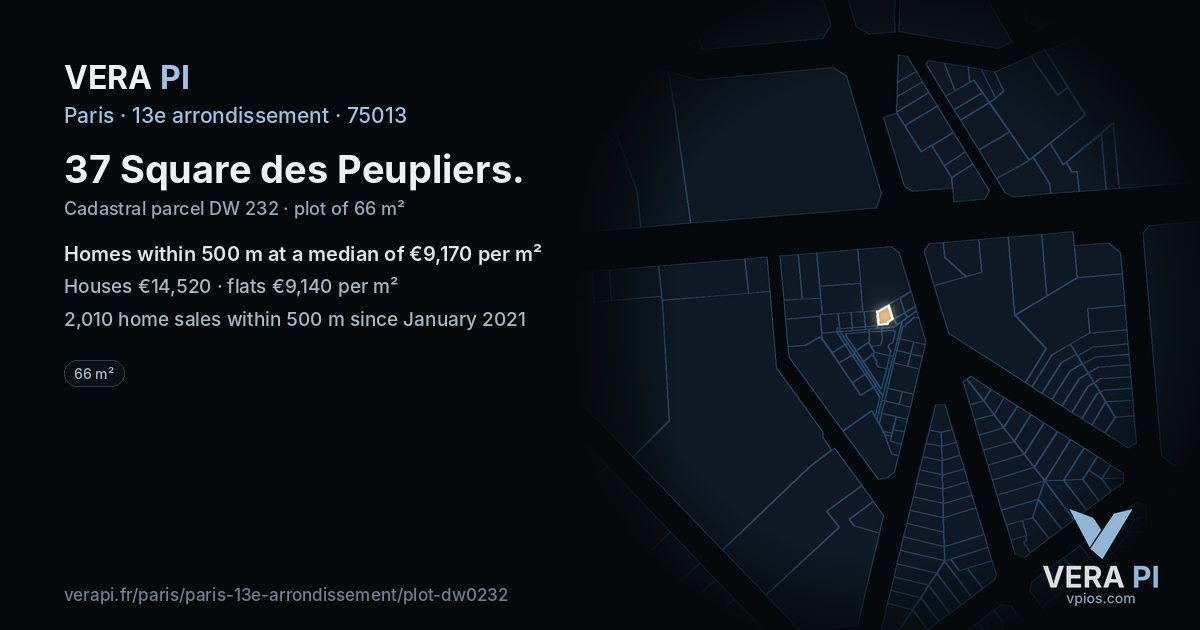 37 Square des Peupliers, 13e arrondissement at night – the plot lit, the parcels around coloured by the prices near them