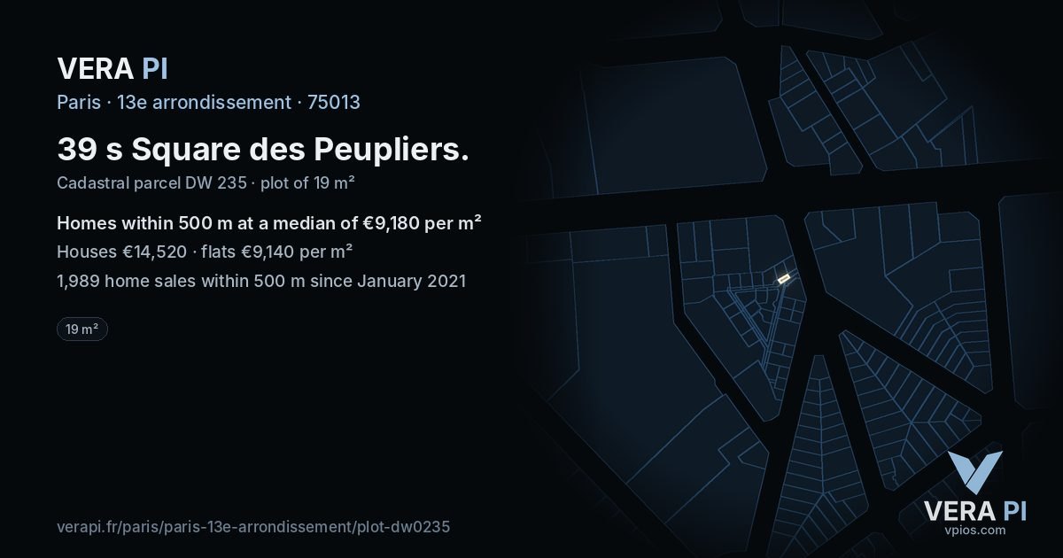 39 s Square des Peupliers, 13e arrondissement at night – the plot lit, the parcels around coloured by the prices near them