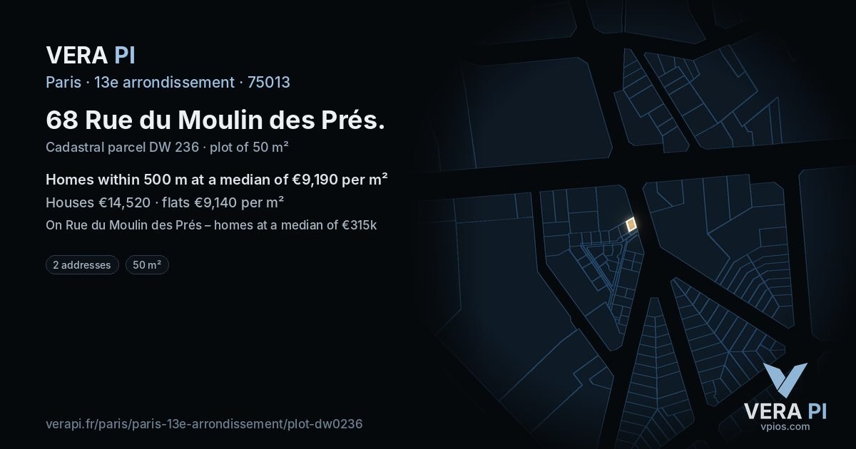 68 Rue du Moulin des Prés, 13e arrondissement at night – the plot lit, the parcels around coloured by the prices near them