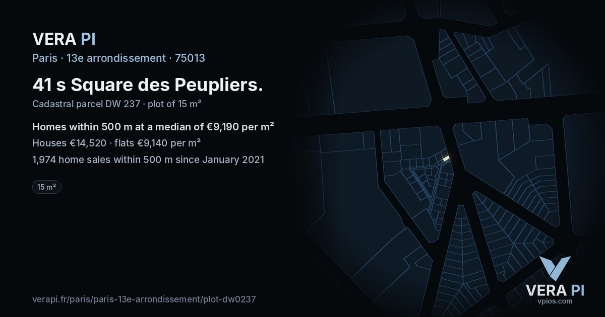 41 s Square des Peupliers, 13e arrondissement at night – the plot lit, the parcels around coloured by the prices near them