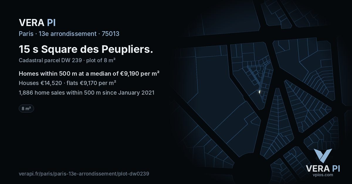 15 s Square des Peupliers, 13e arrondissement at night – the plot lit, the parcels around coloured by the prices near them