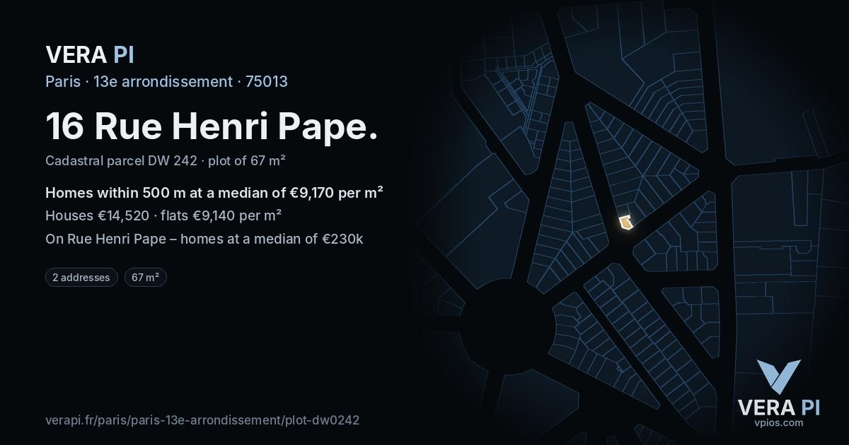 16 Rue Henri Pape, 13e arrondissement at night – the plot lit, the parcels around coloured by the prices near them