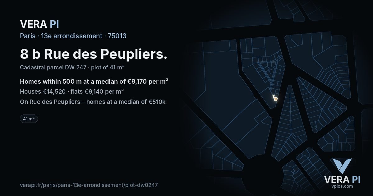 8 b Rue des Peupliers, 13e arrondissement at night – the plot lit, the parcels around coloured by the prices near them