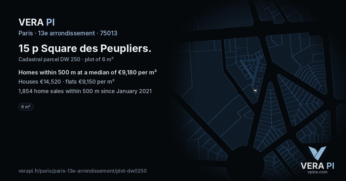 15 p Square des Peupliers, 13e arrondissement at night – the plot lit, the parcels around coloured by the prices near them
