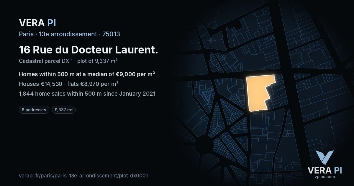 16 Rue du Docteur Laurent, 13e arrondissement at night – the plot lit, the parcels around coloured by the prices near them