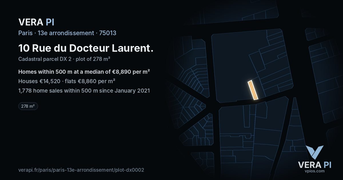 10 Rue du Docteur Laurent, 13e arrondissement at night – the plot lit, the parcels around coloured by the prices near them