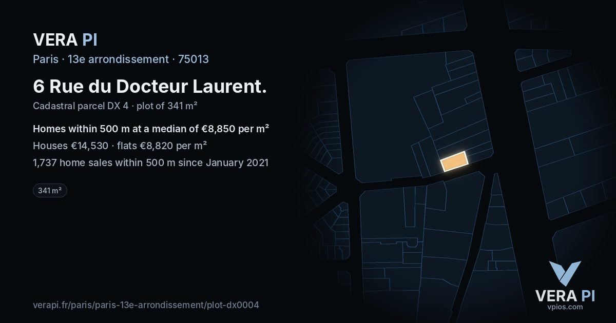 6 Rue du Docteur Laurent, 13e arrondissement at night – the plot lit, the parcels around coloured by the prices near them