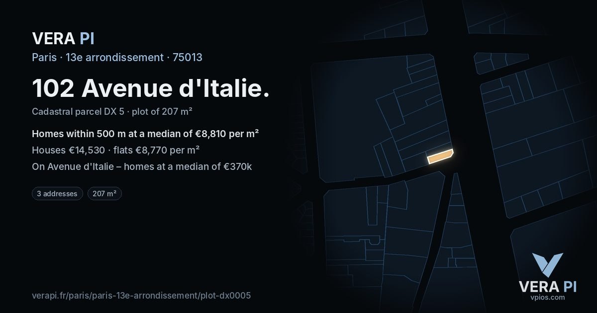 102 Avenue d'Italie, 13e arrondissement at night – the plot lit, the parcels around coloured by the prices near them