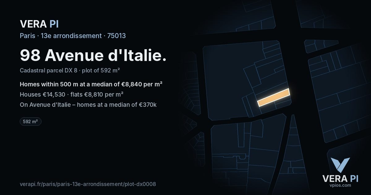 98 Avenue d'Italie, 13e arrondissement at night – the plot lit, the parcels around coloured by the prices near them