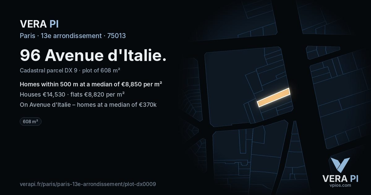 96 Avenue d'Italie, 13e arrondissement at night – the plot lit, the parcels around coloured by the prices near them