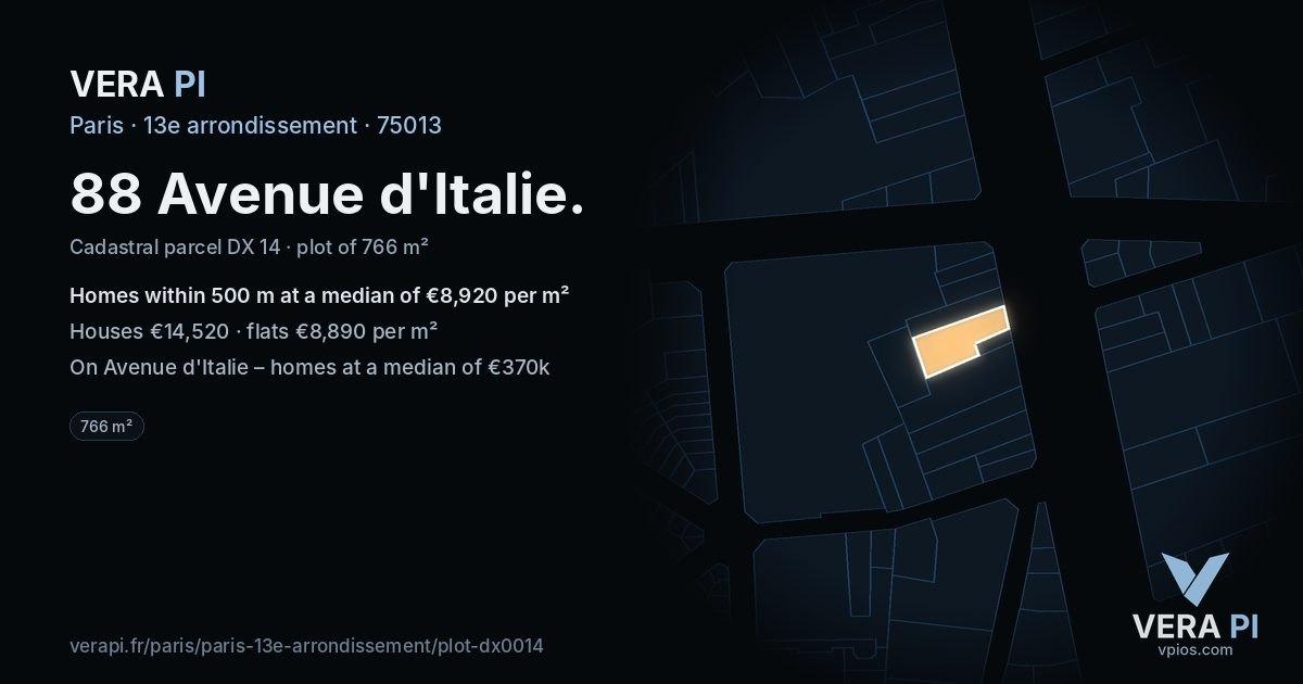 88 Avenue d'Italie, 13e arrondissement at night – the plot lit, the parcels around coloured by the prices near them