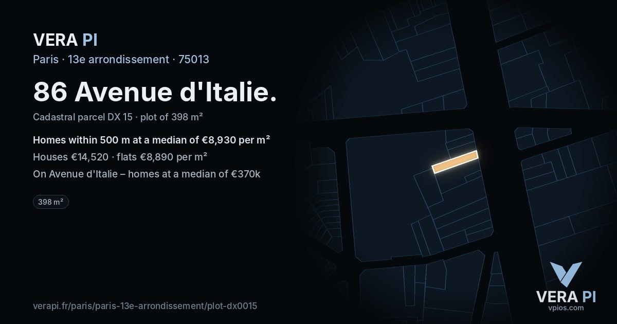 86 Avenue d'Italie, 13e arrondissement at night – the plot lit, the parcels around coloured by the prices near them