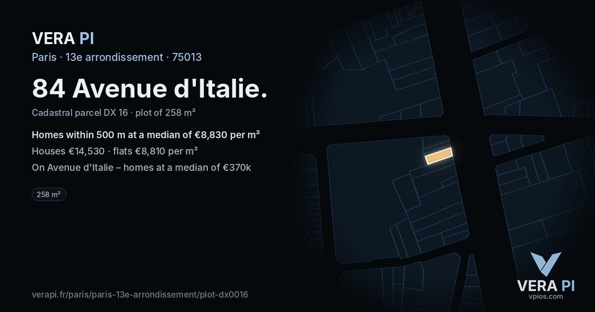 84 Avenue d'Italie, 13e arrondissement at night – the plot lit, the parcels around coloured by the prices near them