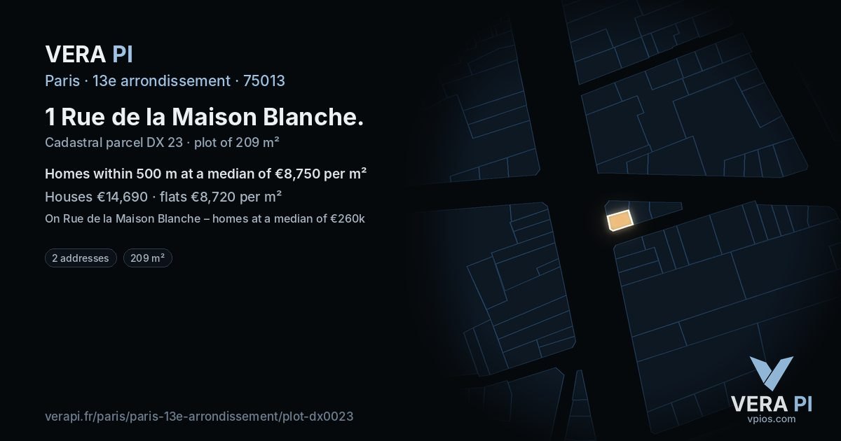 1 Rue de la Maison Blanche, 13e arrondissement at night – the plot lit, the parcels around coloured by the prices near them