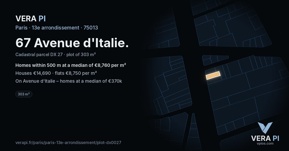 67 Avenue d'Italie, 13e arrondissement at night – the plot lit, the parcels around coloured by the prices near them