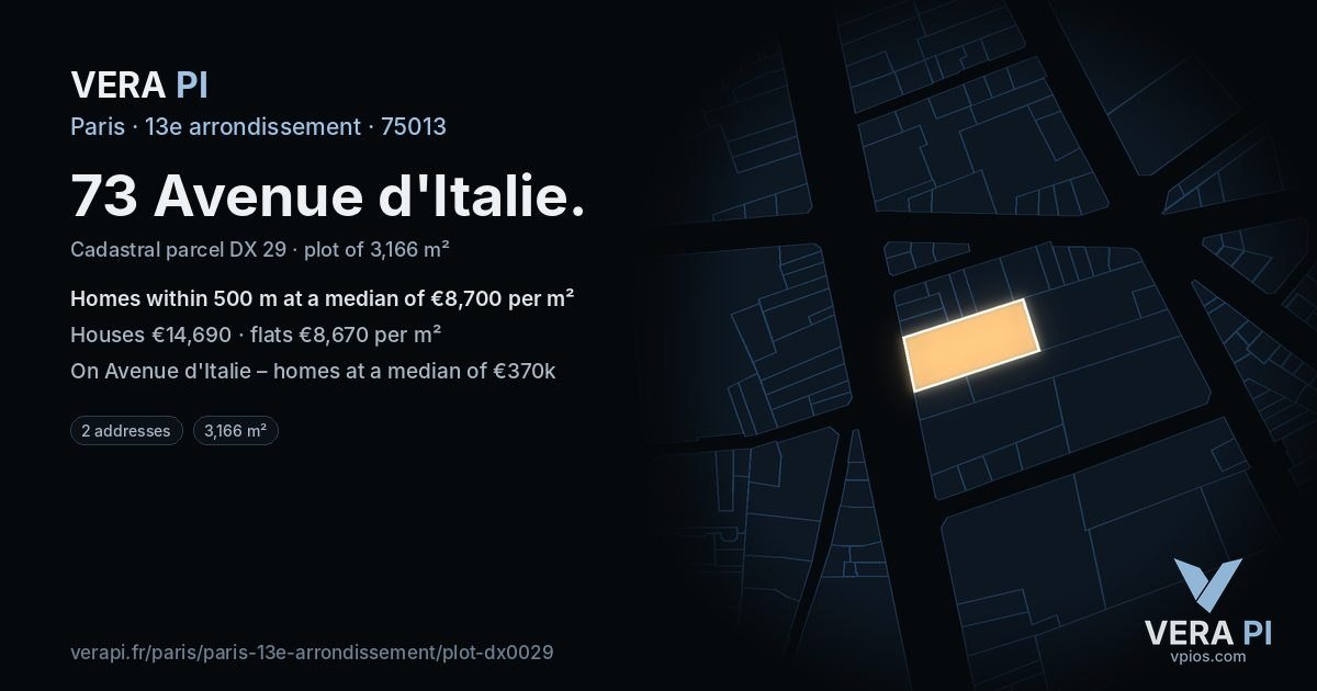 73 Avenue d'Italie, 13e arrondissement at night – the plot lit, the parcels around coloured by the prices near them