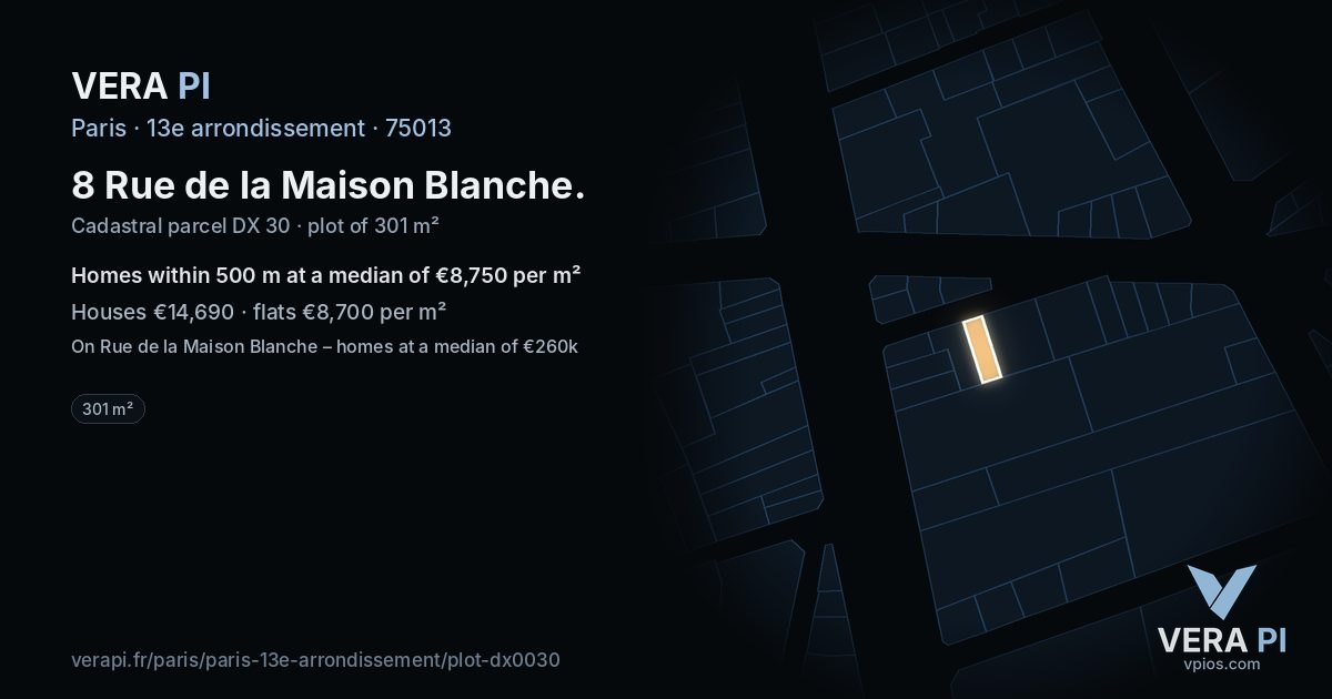 8 Rue de la Maison Blanche, 13e arrondissement at night – the plot lit, the parcels around coloured by the prices near them