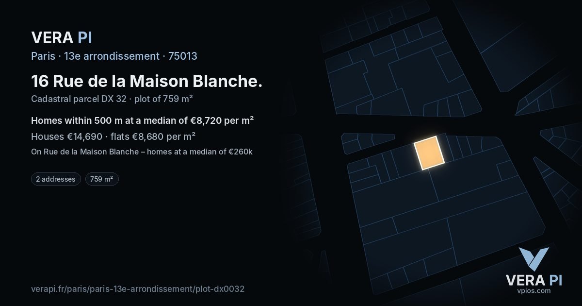 16 Rue de la Maison Blanche, 13e arrondissement at night – the plot lit, the parcels around coloured by the prices near them