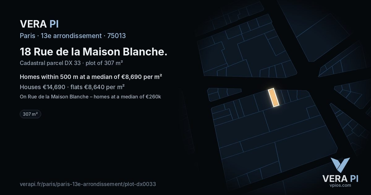 18 Rue de la Maison Blanche, 13e arrondissement at night – the plot lit, the parcels around coloured by the prices near them