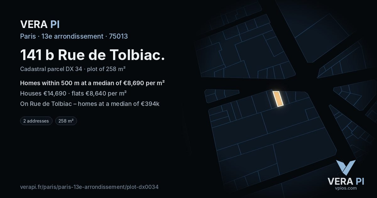 141 b Rue de Tolbiac, 13e arrondissement at night – the plot lit, the parcels around coloured by the prices near them
