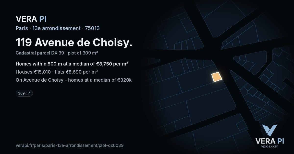 119 Avenue de Choisy, 13e arrondissement at night – the plot lit, the parcels around coloured by the prices near them