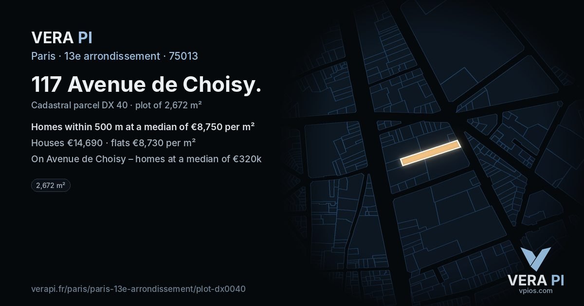 117 Avenue de Choisy, 13e arrondissement at night – the plot lit, the parcels around coloured by the prices near them