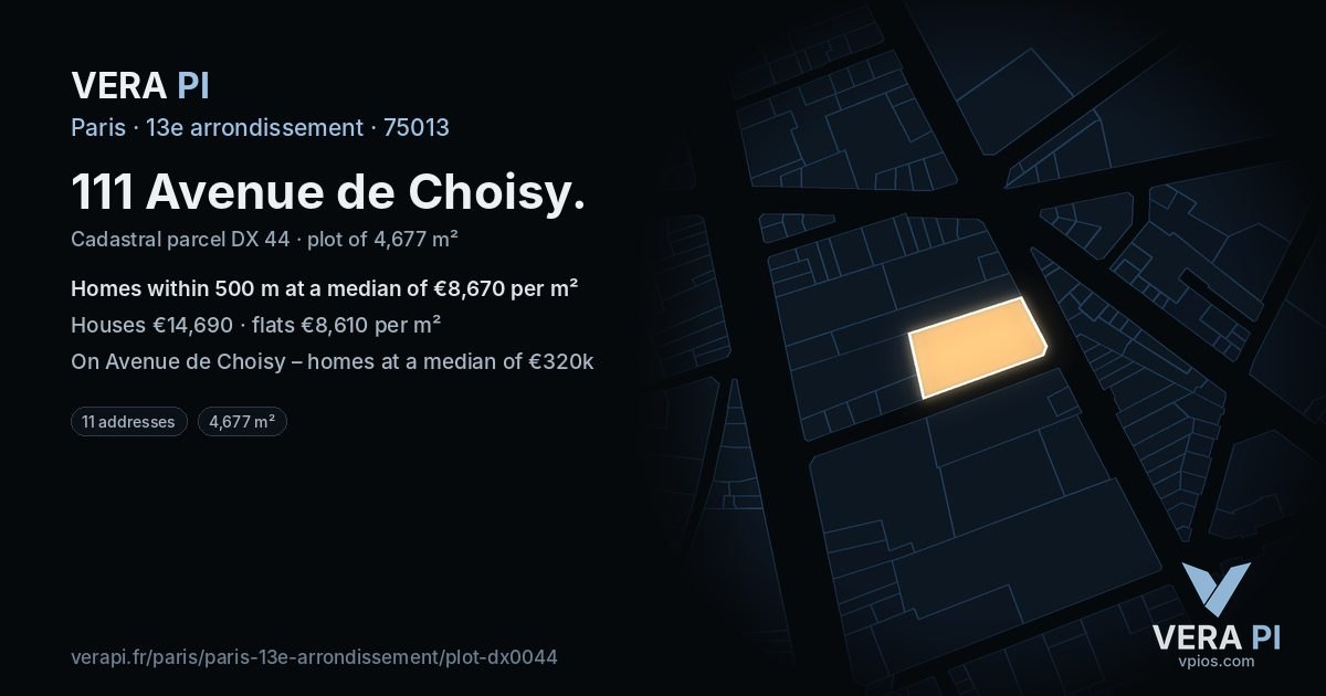 111 Avenue de Choisy, 13e arrondissement at night – the plot lit, the parcels around coloured by the prices near them