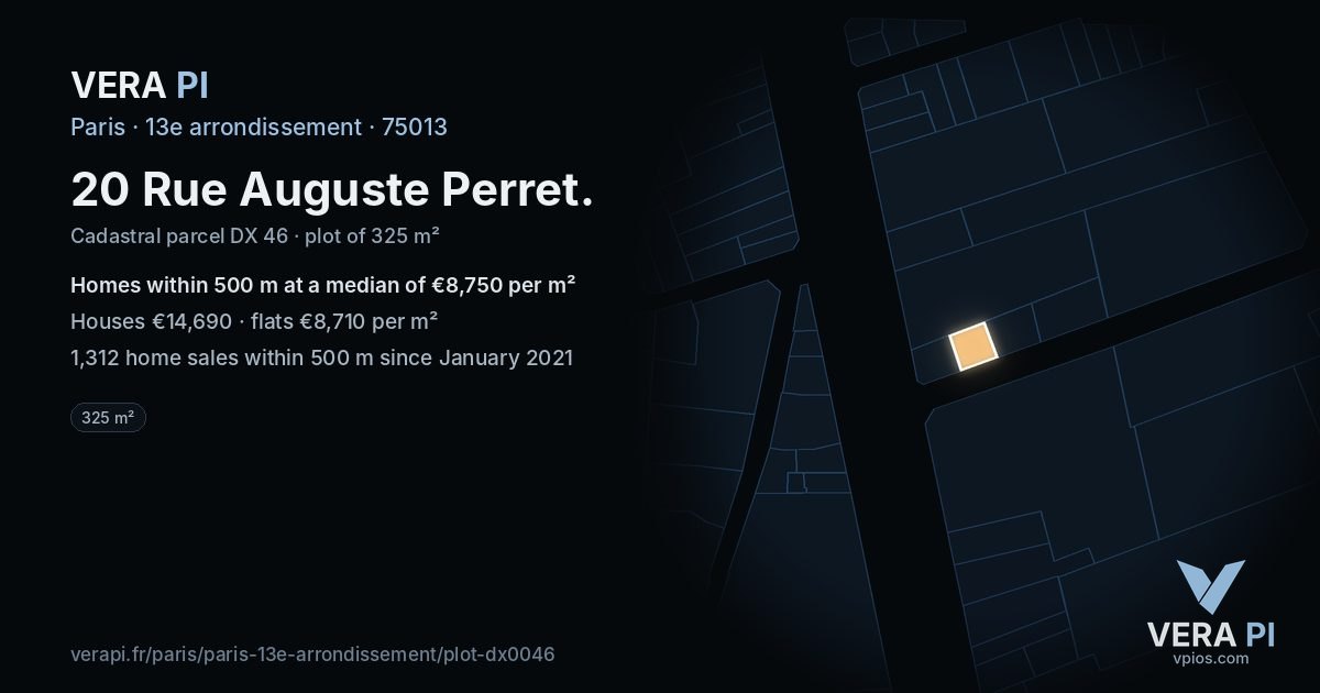 20 Rue Auguste Perret, 13e arrondissement at night – the plot lit, the parcels around coloured by the prices near them