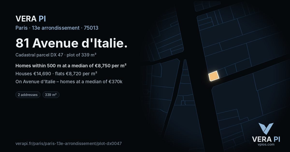 81 Avenue d'Italie, 13e arrondissement at night – the plot lit, the parcels around coloured by the prices near them