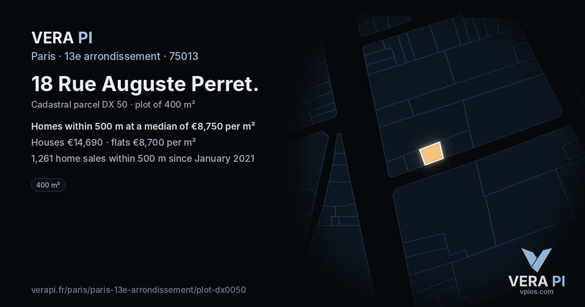18 Rue Auguste Perret, 13e arrondissement at night – the plot lit, the parcels around coloured by the prices near them