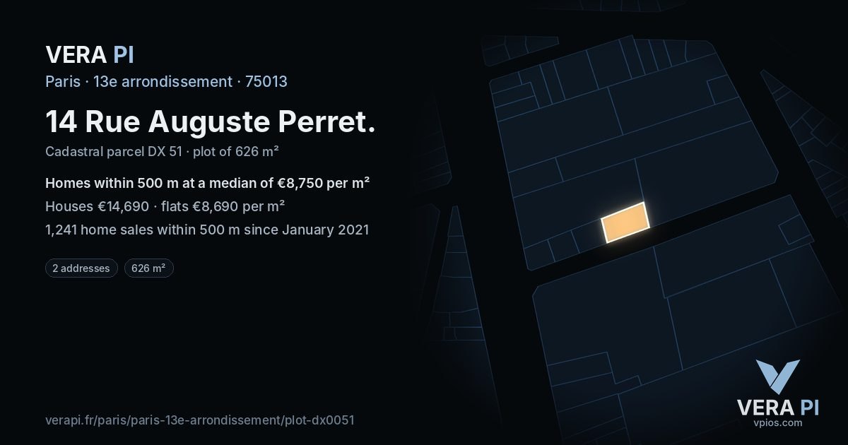 14 Rue Auguste Perret, 13e arrondissement at night – the plot lit, the parcels around coloured by the prices near them