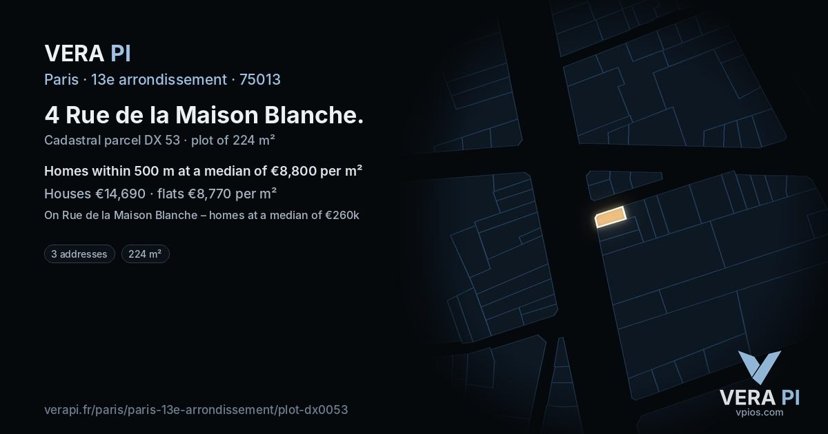 4 Rue de la Maison Blanche, 13e arrondissement at night – the plot lit, the parcels around coloured by the prices near them