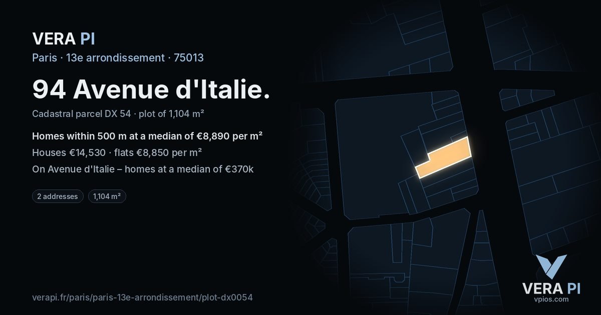 94 Avenue d'Italie, 13e arrondissement at night – the plot lit, the parcels around coloured by the prices near them
