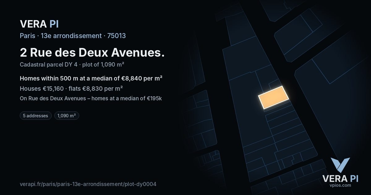 2 Rue des Deux Avenues, 13e arrondissement at night – the plot lit, the parcels around coloured by the prices near them