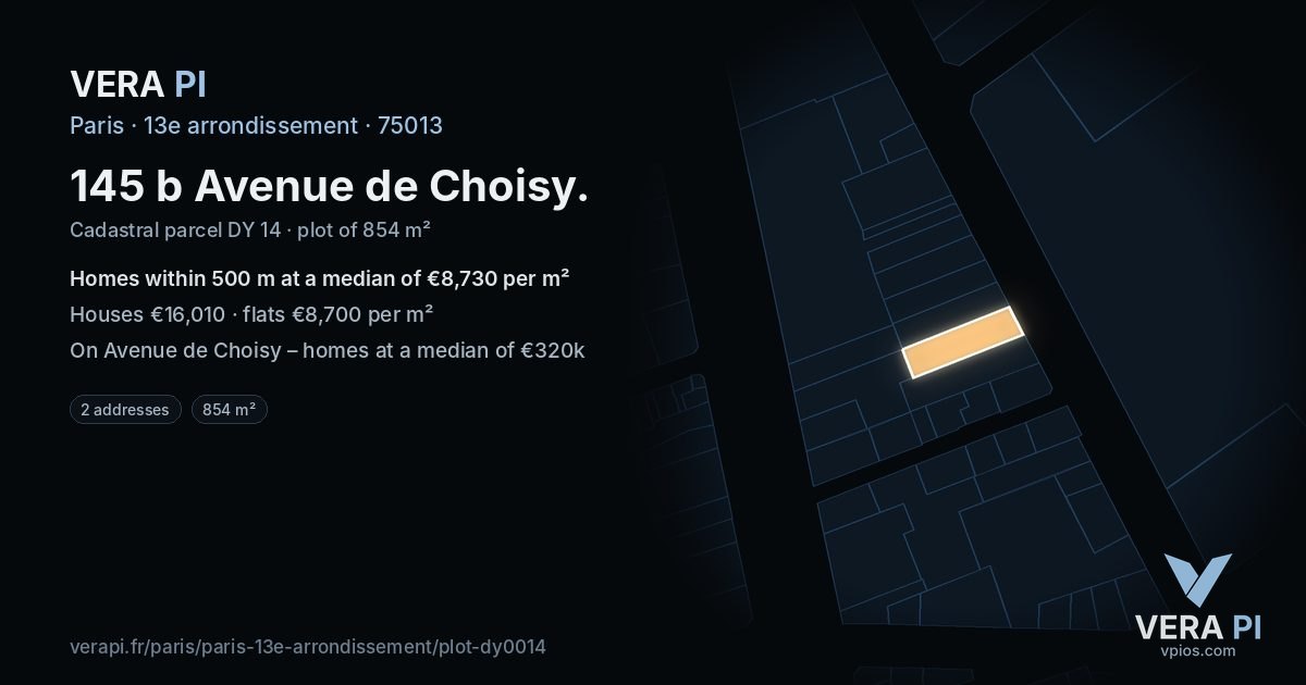 145 b Avenue de Choisy, 13e arrondissement at night – the plot lit, the parcels around coloured by the prices near them