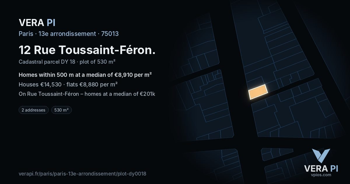12 Rue Toussaint-Féron, 13e arrondissement at night – the plot lit, the parcels around coloured by the prices near them