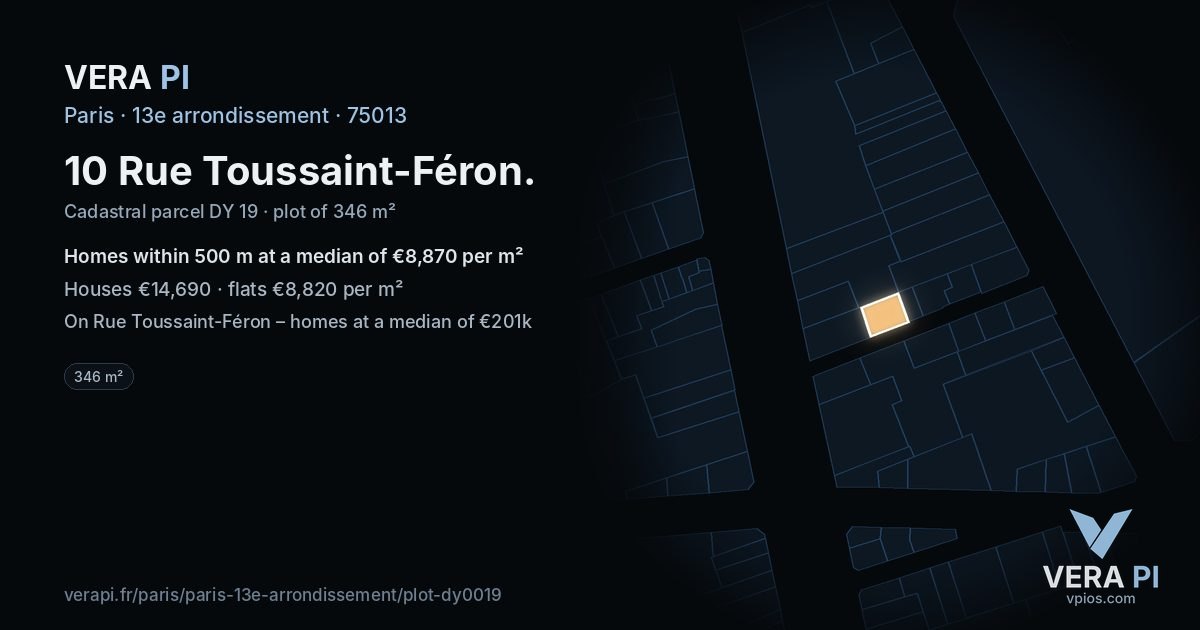 10 Rue Toussaint-Féron, 13e arrondissement at night – the plot lit, the parcels around coloured by the prices near them