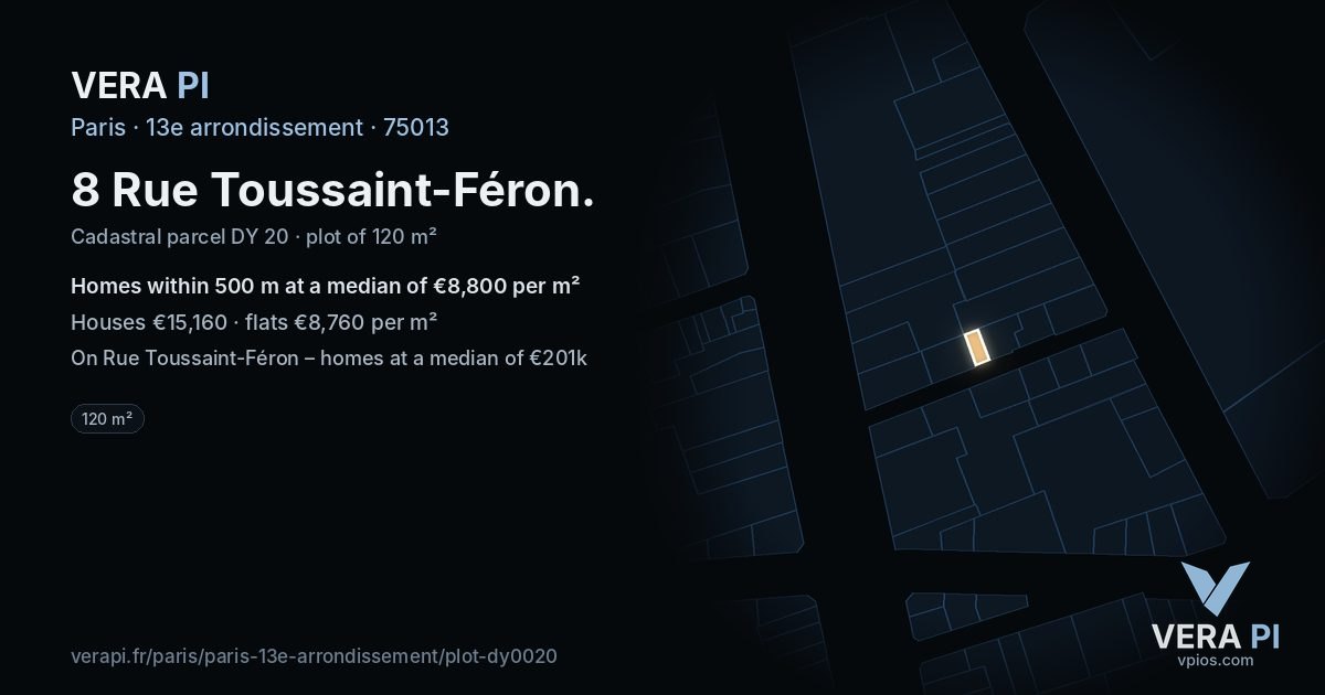 8 Rue Toussaint-Féron, 13e arrondissement at night – the plot lit, the parcels around coloured by the prices near them