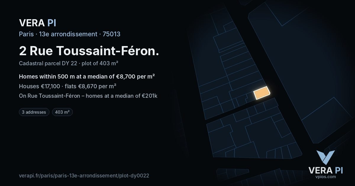 2 Rue Toussaint-Féron, 13e arrondissement at night – the plot lit, the parcels around coloured by the prices near them