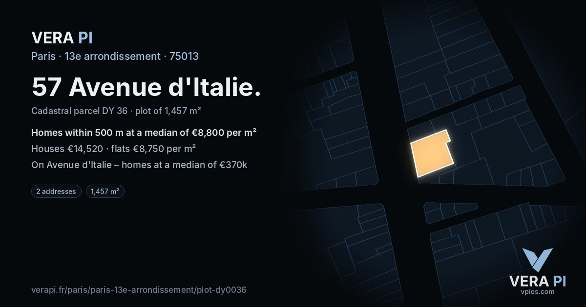 57 Avenue d'Italie, 13e arrondissement at night – the plot lit, the parcels around coloured by the prices near them