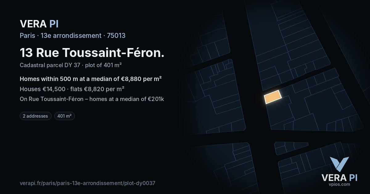 13 Rue Toussaint-Féron, 13e arrondissement at night – the plot lit, the parcels around coloured by the prices near them