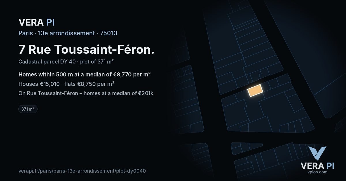 7 Rue Toussaint-Féron, 13e arrondissement at night – the plot lit, the parcels around coloured by the prices near them