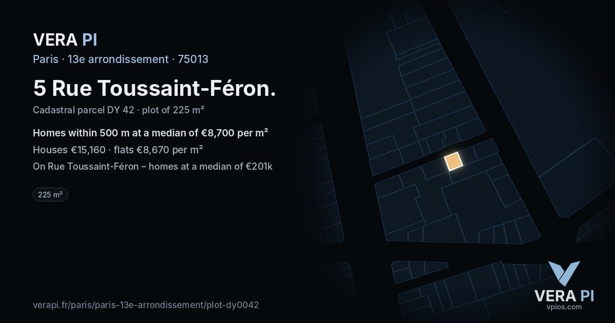 5 Rue Toussaint-Féron, 13e arrondissement at night – the plot lit, the parcels around coloured by the prices near them