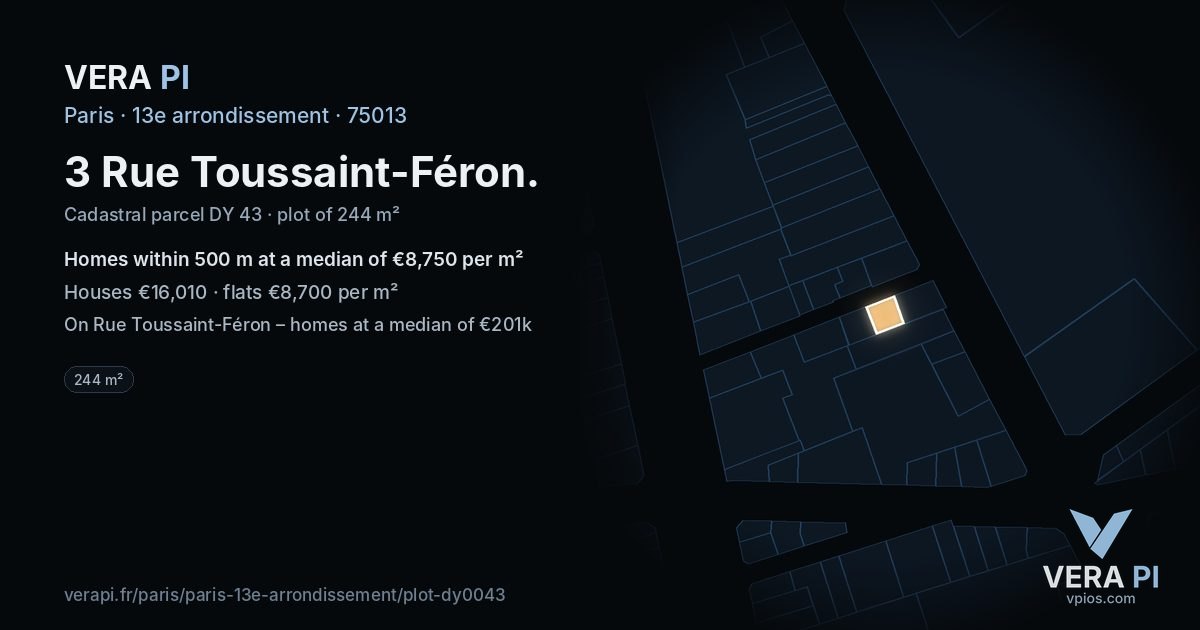 3 Rue Toussaint-Féron, 13e arrondissement at night – the plot lit, the parcels around coloured by the prices near them