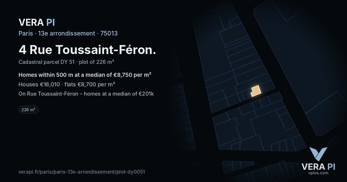 4 Rue Toussaint-Féron, 13e arrondissement at night – the plot lit, the parcels around coloured by the prices near them