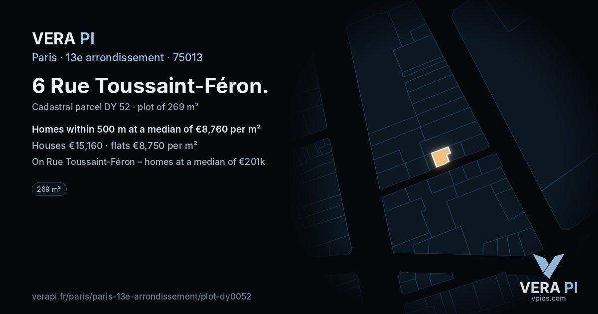 6 Rue Toussaint-Féron, 13e arrondissement at night – the plot lit, the parcels around coloured by the prices near them