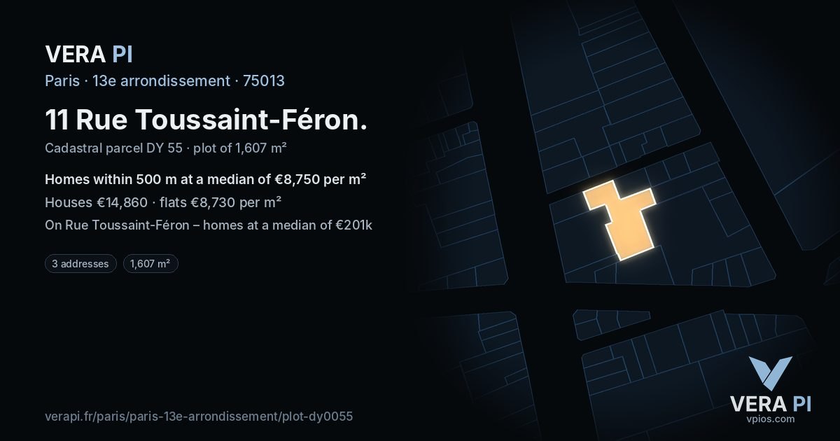 11 Rue Toussaint-Féron, 13e arrondissement at night – the plot lit, the parcels around coloured by the prices near them